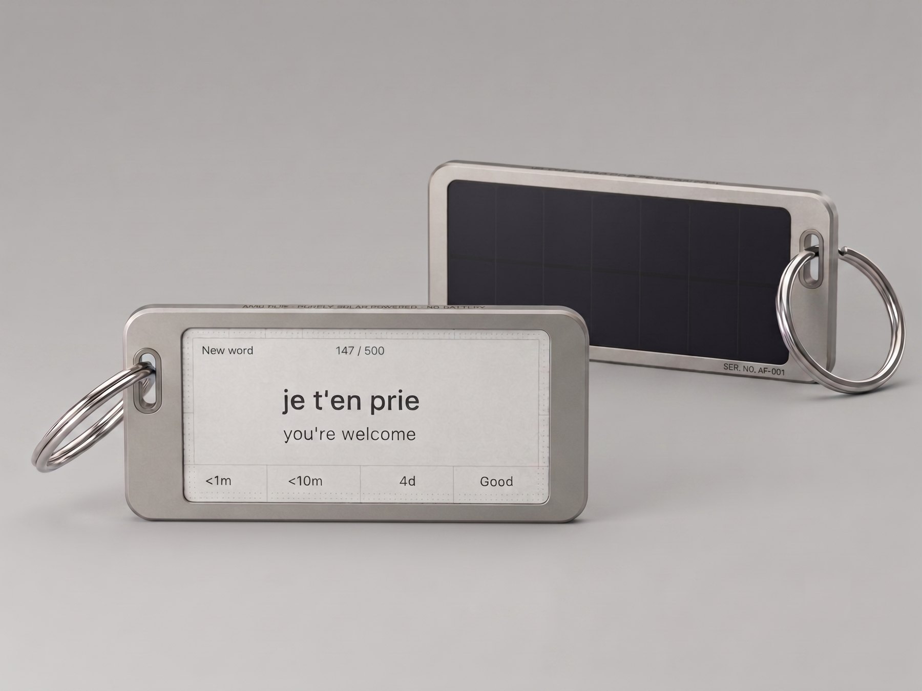 Recall Solar — front e‑paper screen and the solar panel on the back